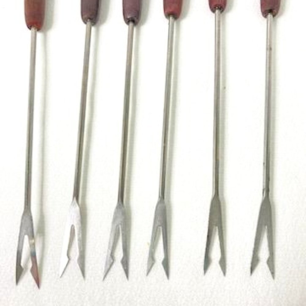 Vtg Fondue Forks Skewers Set of 6 Wood Handle Colored‎ Tips MCM Retro Mod - Picture 6 of 6
